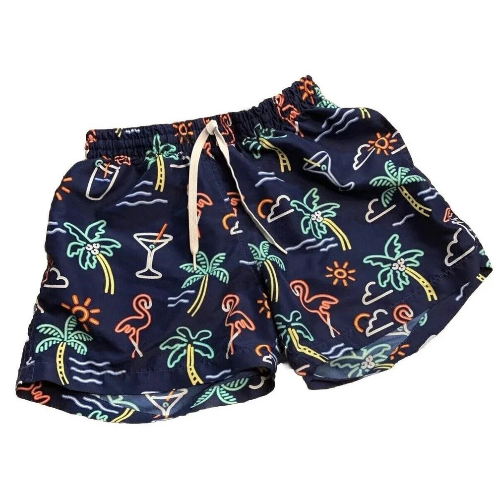 Chubbies Men's Neon Lights Elastic Waist Blue Tropical Print Swim Trunks Medium